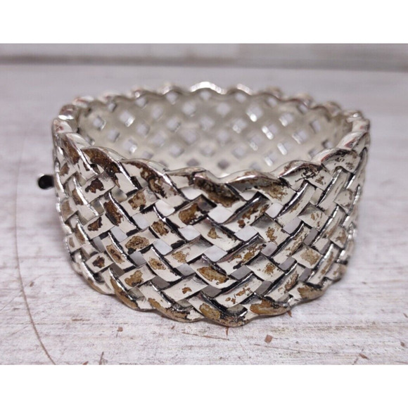 Vintage Monet Silver Gold Tone Woven Lattice Metal Hinged Bracelet 1 1/4" READ - Picture 1 of 11